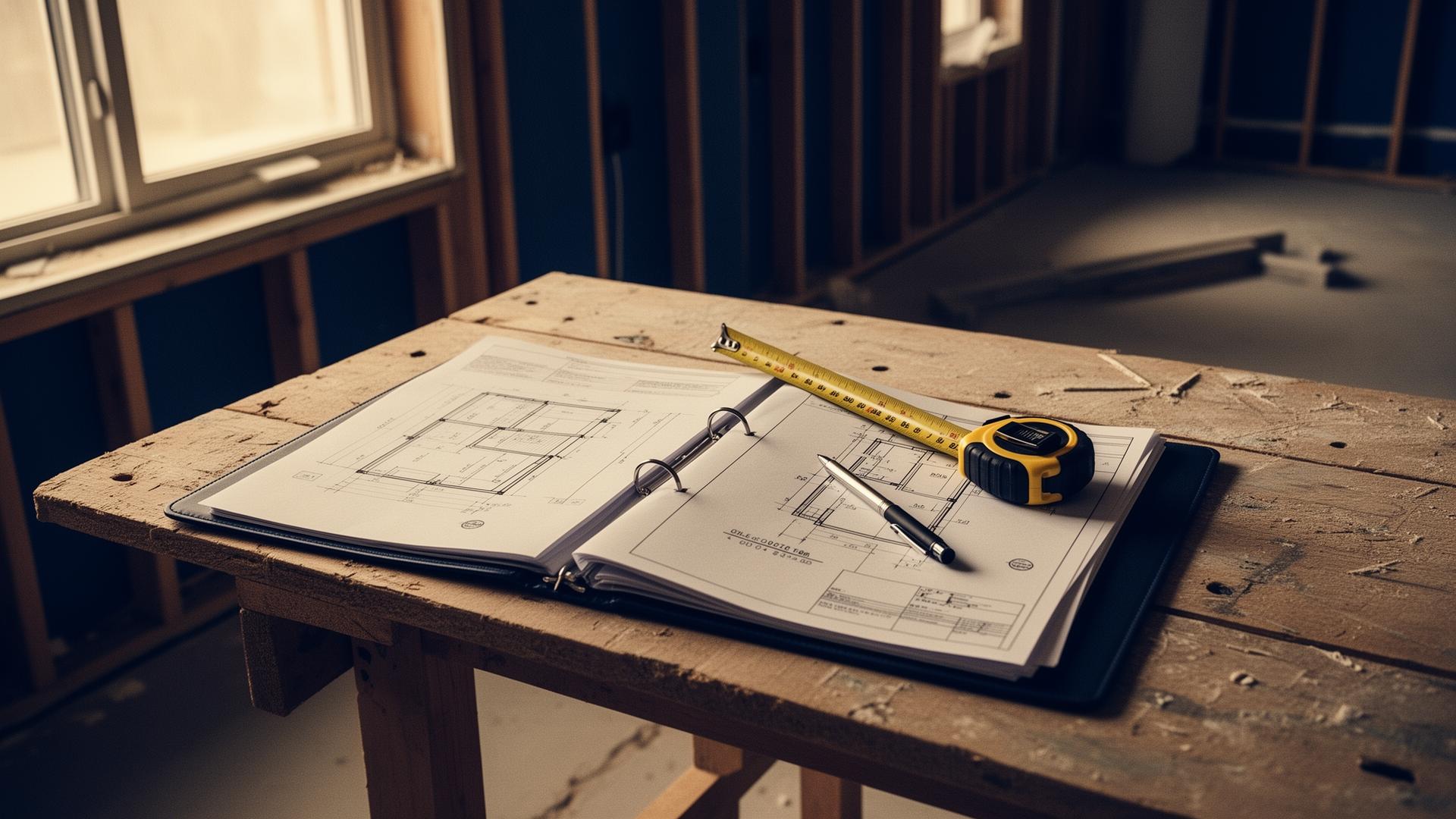 Plans techniques et mètre posés sur une table de travail dans un chantier intérieur en cours