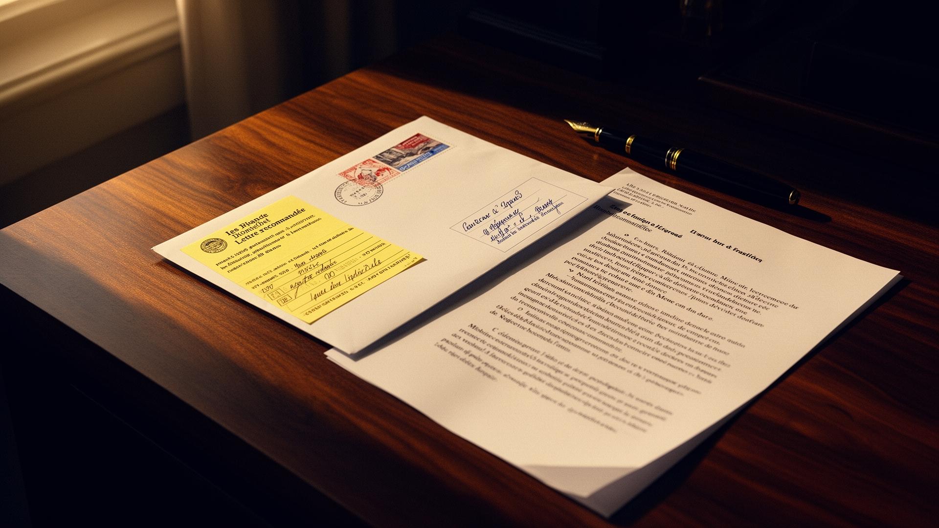 Enveloppe de lettre recommandée, slip de suivi et stylo plume posés sur une table de travail en bois sombre